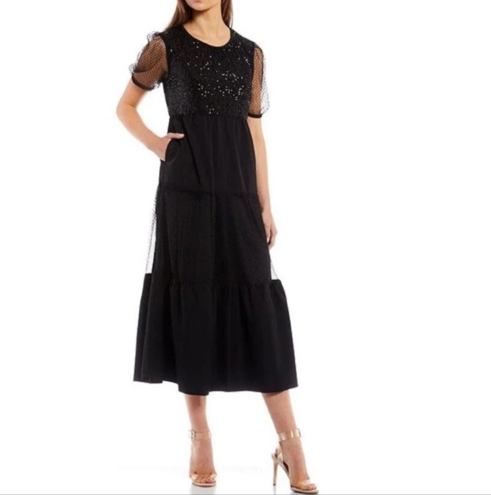 LDT Ira Sequin Black Dress, Short Sleeve Size 14